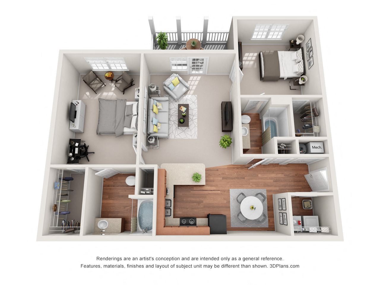 Floor plan for 2 beds, 2 baths, 1170 sqft